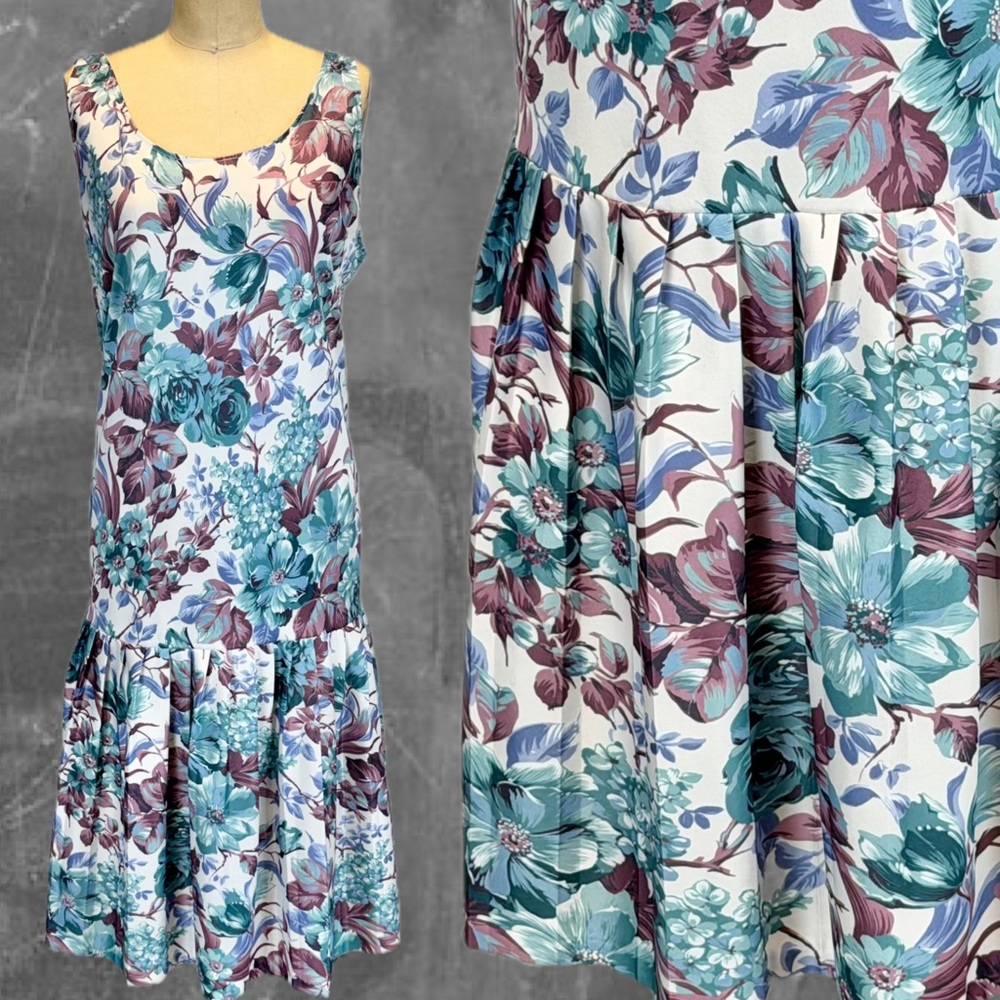 VINTAGE 80s moody floral drop waist dress pleated sleeveless scoop neck midi‎